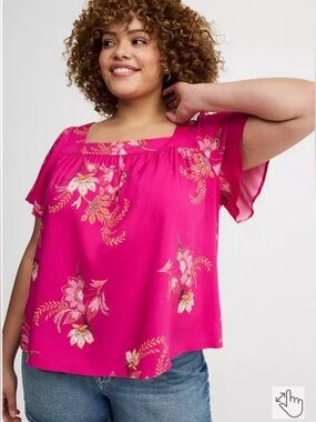 Torrid Challis flutter sleeve Tropical floral square neck top blouse sz 0=L12